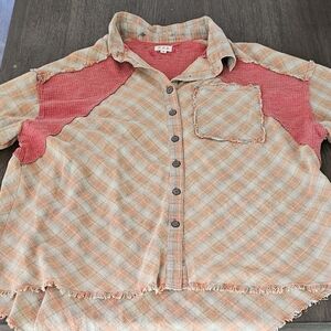POL Plaid Button-Up Shirt with Coral Pink Panels
